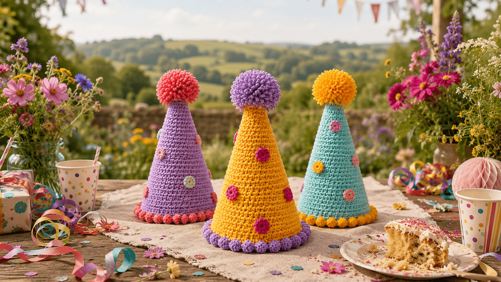 Three handmade Cutesy & Twee pompom party hats in cheerful custom colours, styled in a garden setting